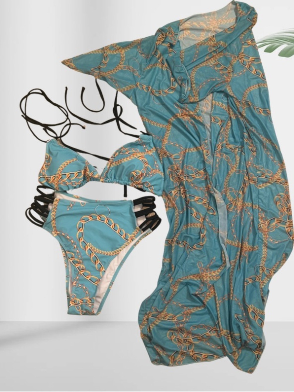 Teal Chain Print Bikini Set with Cover-Up
